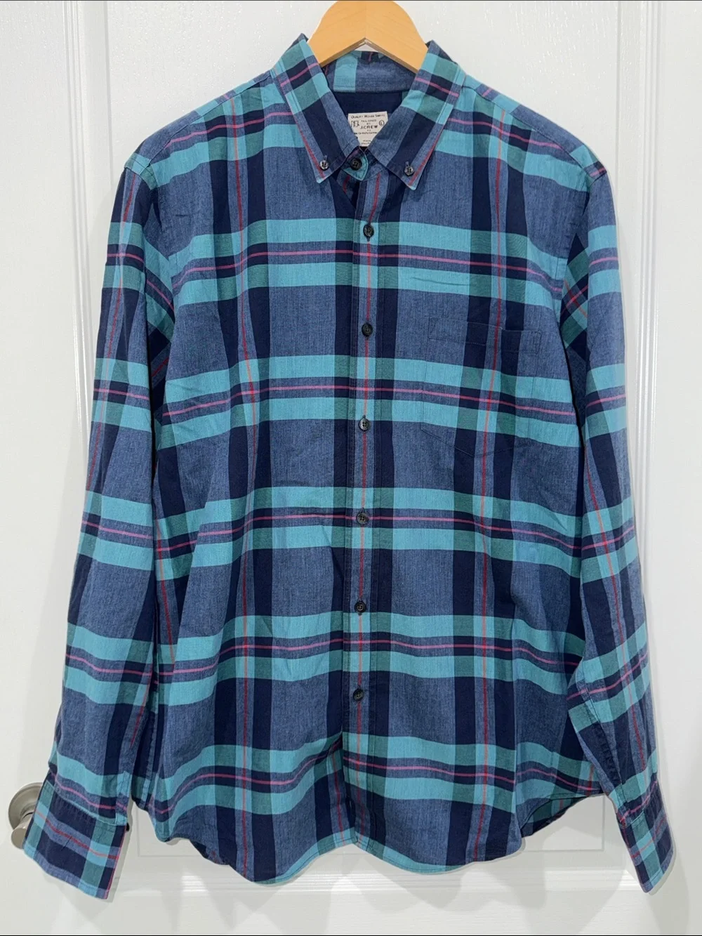 J. Crew Men's Plaid Button-Down Shirt - Blue Aqua size large